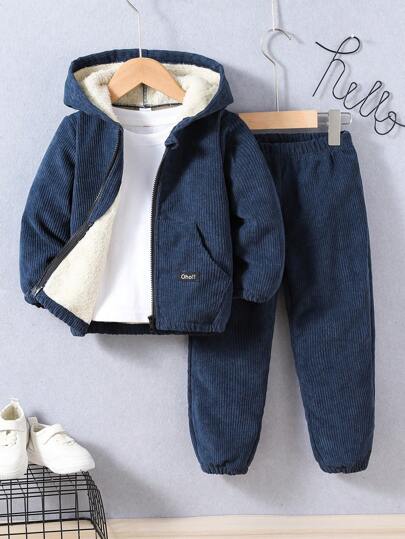 SHEIN Young Boy Letter Patched Detail Teddy Lined Hooded Jacket & Pants Without Tee Chic Outfits For Autumn/Winter