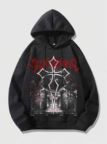 ROMWE MEN Goth Men Letter & Cross Print Drawstring Thermal Hoodie - Black - View 1