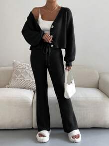 SHEIN LUNE 條紋針織落肩袖開襟衫&前繫帶針織長褲 - 黑色 - 查看 5