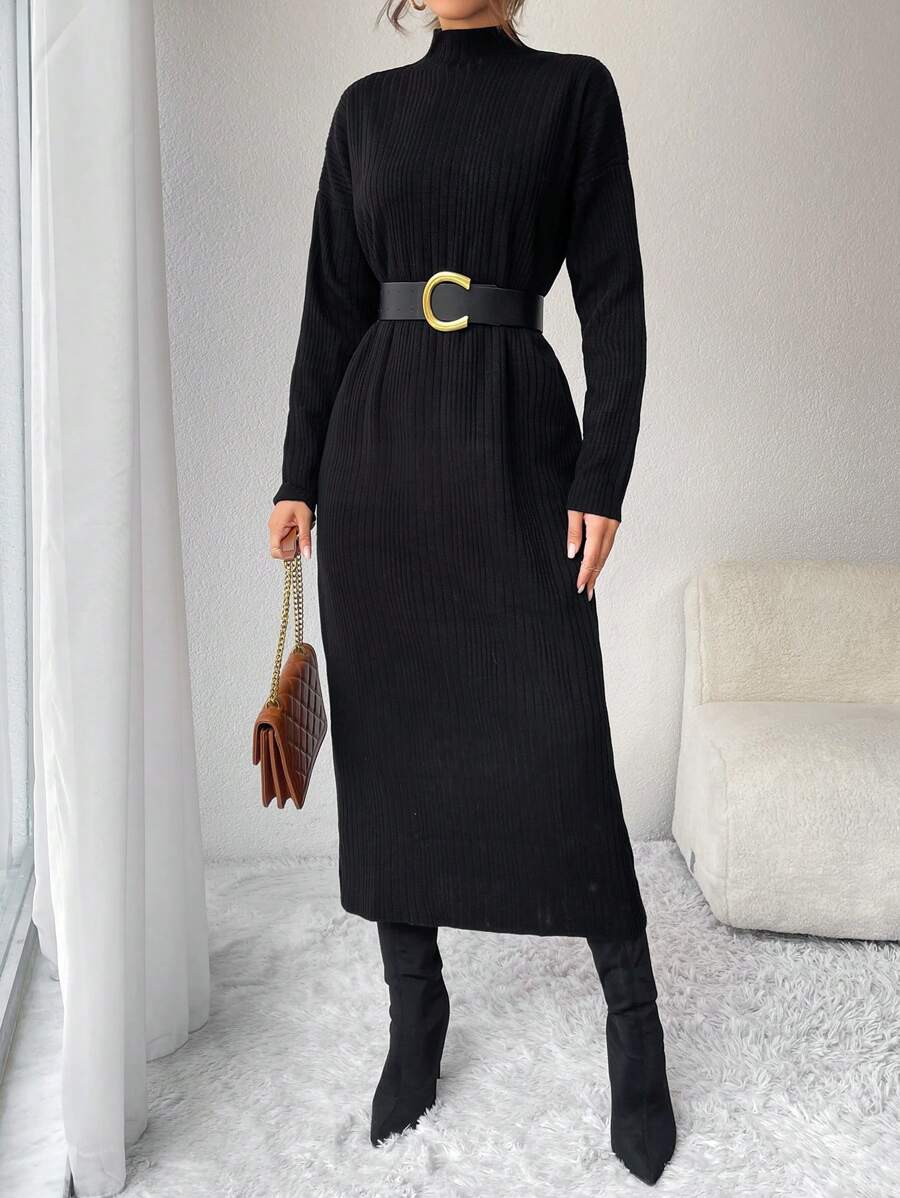 EURMUSE Mock Neck Drop Shoulder Sweater Dress Without Belt - Black - View 1