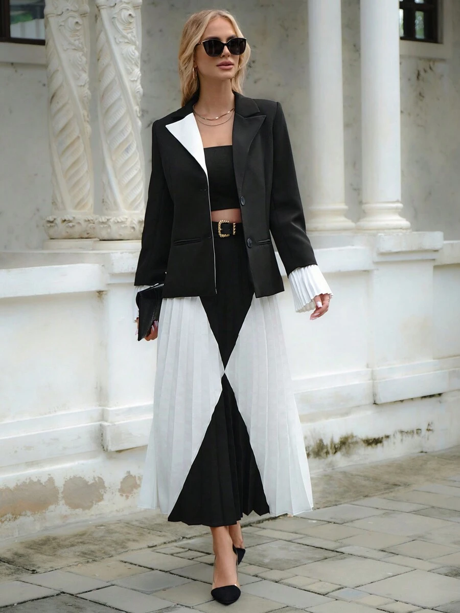 EURMUSE Color Block Lapel Double Breasted Blazer Jacket And Skirt Set - Black and White - View 1