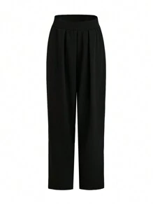 Celure Plus Solid Elastic Waist Straight Leg Pants - Black - View 1