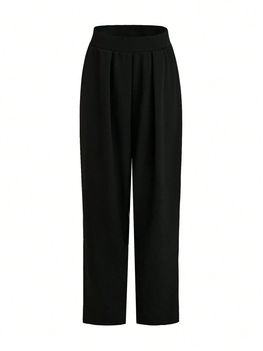 Celure Plus Solid Elastic Waist Straight Leg Pants - Black - View 1