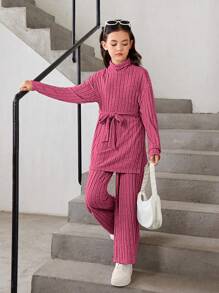 SHEIN Tween Girl Turtleneck Drop Shoulder Belted Tee & Pants - Hot Pink - View 3