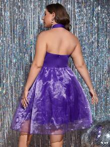 SHEIN BAE Plus Halter Neck Backless Organza Flare Hem Dress - Purple - View 2