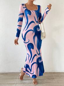 SHEIN VCAY Allover Print Mermaid Hem Dress - Multicolor - View 3