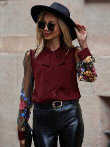 SHEIN Clasi 花卉刺繡拼接網紗袖繫帶領襯衫 - 酒紅色 - 查看 1