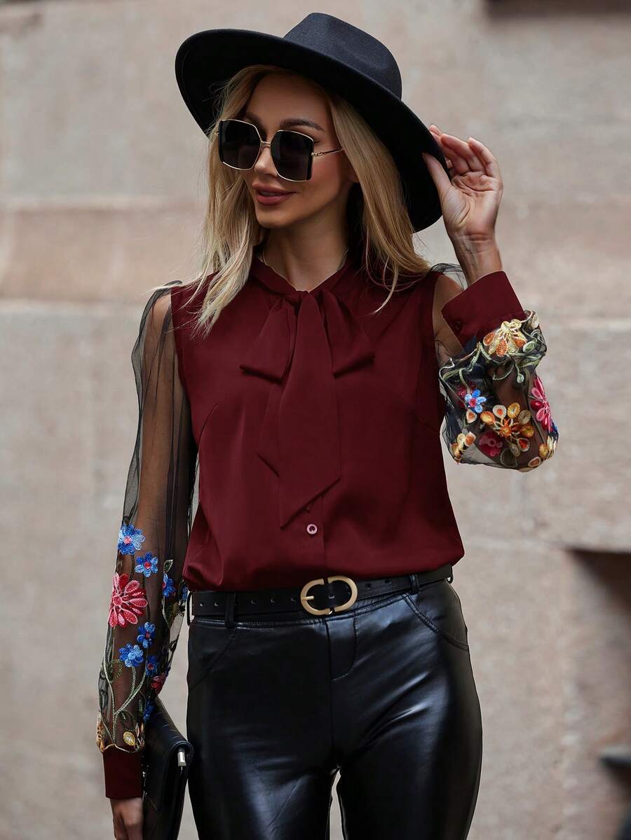 SHEIN Clasi 花卉刺繡拼接網紗袖繫帶領襯衫 - 酒紅色 - 查看 1