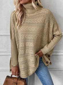 SHEIN LUNE 高領蝙蝠袖紐扣細節麻花編織斗篷 - 卡其色 - 查看 6