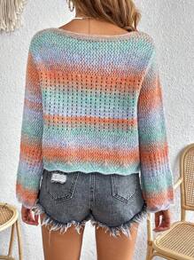SHEIN VCAY Ombre Scallop Trim Flare Sleeve Pointelle Knit Sweater