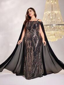 Plus Cold Shoulder Contrast Mesh Sequin Formal Dress - Black - View 5