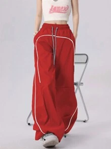 Women Pants Kolor Kantong Contrast Binding Plain Casual - Merah - View 5