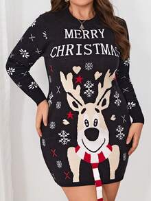 SHEIN LUNE Plus Christmas Elk & Slogan Pattern Sweater Dress In Fall/Winter - Black - View 4