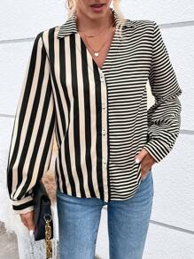 Chiquease 條紋印花前紐扣襯衫 - 杏色 - 查看 1