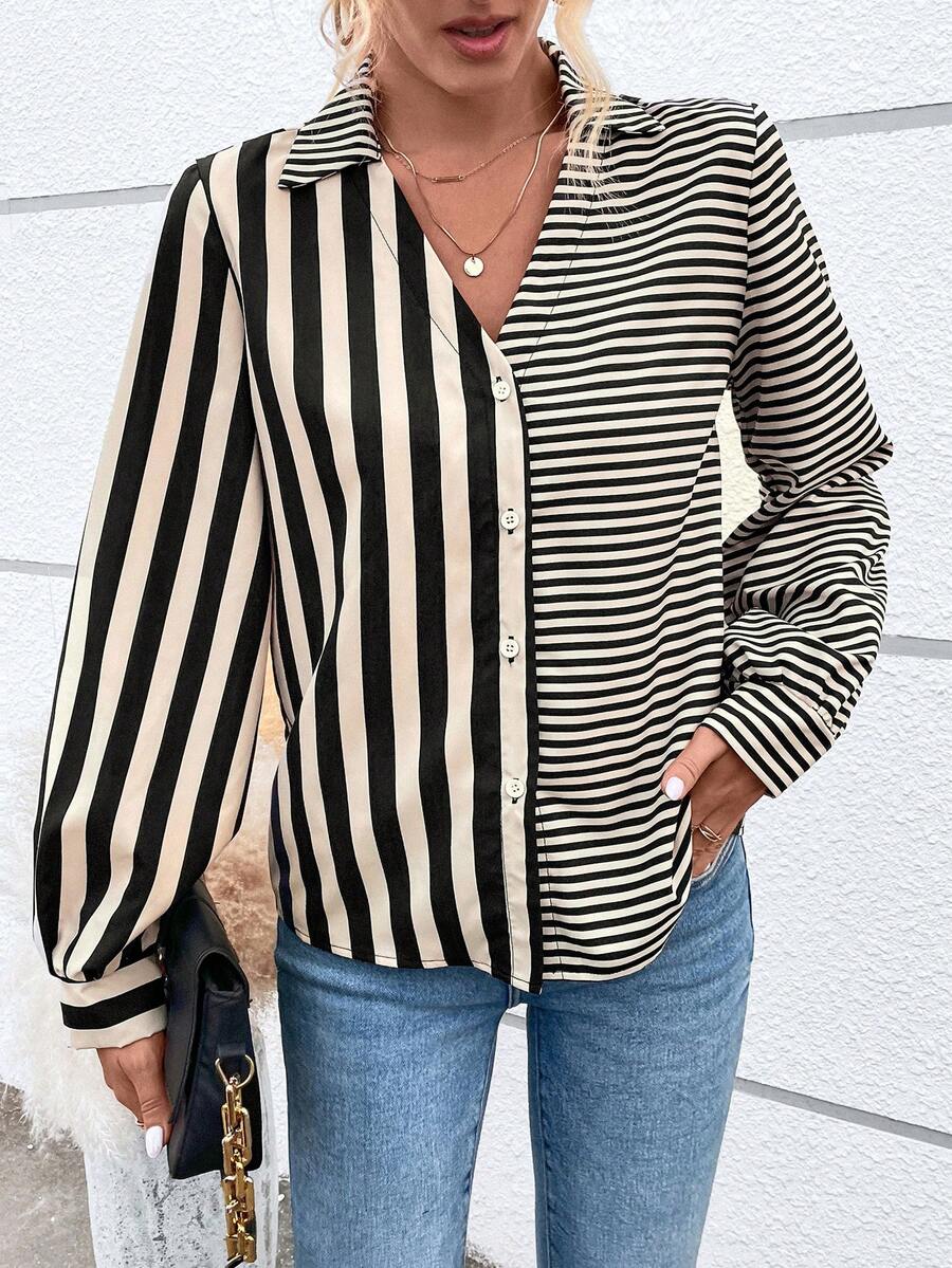 Chiquease 條紋印花前紐扣襯衫 - 杏色 - 查看 1