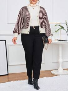 SHEIN Essnce Talla grande Cárdigan con patrón de rayas de hombros caídos - Multicolor - Ver 5