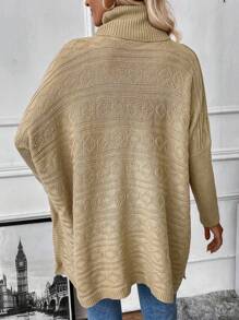 SHEIN LUNE 高領蝙蝠袖紐扣細節麻花編織斗篷 - 卡其色 - 查看 2