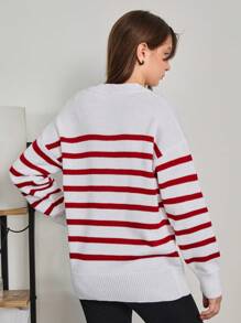 RueChic Tween Girl Striped & Heart Pattern Drop Shoulder Sweater - Multicolor - View 2