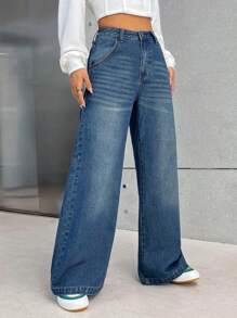 SHEIN EZwear Của phụ nữ Cargo Phong cách Cao eo quần ống rộng Denim Quần jean Với Túi - Rửa tối - Xem 3