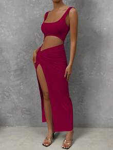 Chiquease Cut Out Twist Front Split Thigh Dress - Burgundy - View 4