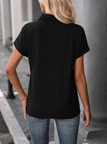 SHEIN LUNE Chất rắn tay cánh Nút phía trước Áo sơ mi - màu đen - Xem 2