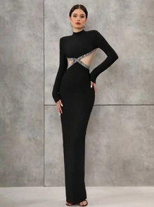 Modphy High Neck Color Block Trim Bodycon Bandage Dress For Holiday Party - Black - View 5