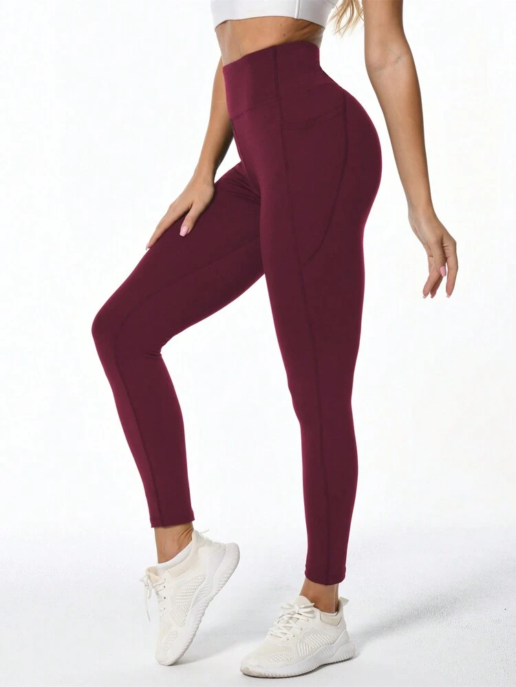 Wide Waistband Phone Pocket Leggings - Burgundy - View 3