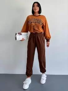 EURMUSE Letter Graphic Drop Shoulder Pullover & Sweatpants - Multicolor - View 4