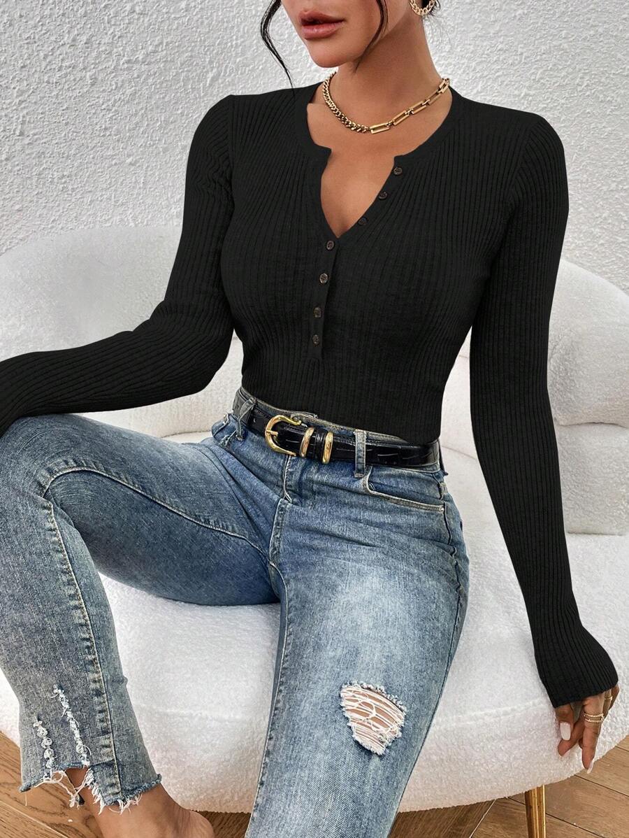 SHEIN Essnce Half Button Ribbed Knit Sweater,Long Sleeve Tops - Black - View 1