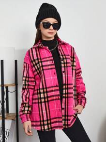 RueChic Teen Girl Plaid Print Drop Shoulder Coat - Hot Pink - View 3