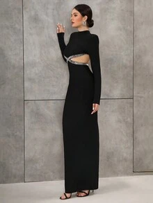 Modphy High Neck Color Block Trim Bodycon Bandage Dress For Holiday Party - Black - View 3