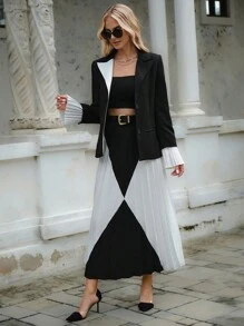 EURMUSE Color Block Lapel Double Breasted Blazer Jacket And Skirt Set - Black and White - View 5