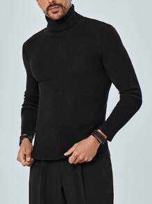 RueChic Men Solid Turtleneck Ribbed Knit Sweater - Black - View 3