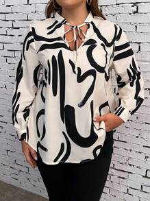 SHEIN Franclia Plus Graphic Print Tie Neck Blouse