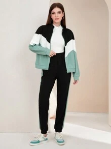 Mulvari 拉链 V 形拼色运动衫和慢跑裤套装 2 件套