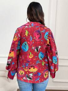 Flirla Plus Halloween Print Lantern Sleeve Shirt - Hot Pink - View 2