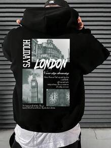 休閒抽繩 口袋標語男士運動衫 - 黑色 - 查看 3