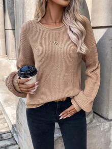 SHEIN Frenchy 素色落肩袖套頭毛衣 - 卡其色 - 查看 6