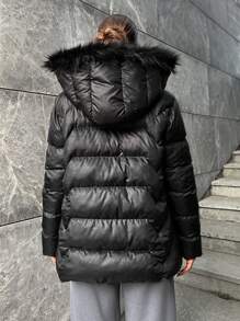 SHEIN Cottnline Fuzzy Trim Hooded Puffer Coat - Black - View 2