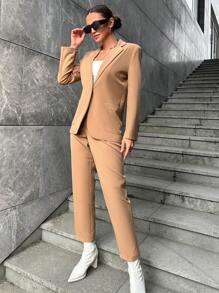 RueChic Solid Single Button Blazer & Pants - Brown - View 3