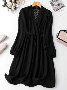 Celure Plus Swiss Dot Surplice Neck Lantern Sleeve Dress - Black - View 1