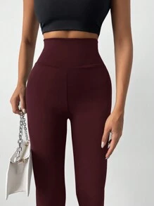 SHEIN Cottnline Solid Wideband Waist Leggings - Burgundy - View 4