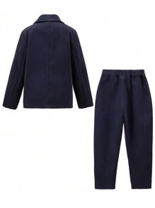 Tween Boy 1pc Dual Pocket Blazer & 1pc Suit Pants & 1pc Shirt & 1pc Bow - Navy Blue - View 2