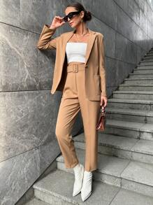 RueChic Solid Single Button Blazer & Pants - Brown - View 5