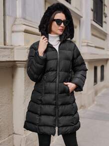 RueChic Women's Zippered Hooded Padded Jacket - Black - View 5