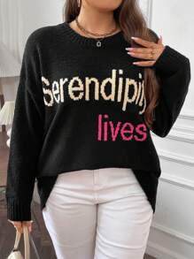 Flirla Plus Letter Pattern Drop Shoulder Sweater Knit Pullover Fall Winter Sweater - Black - View 4