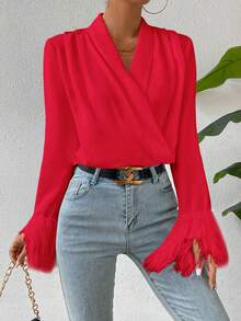 SHEIN Privé 毛茸茸袖口前圍裹襯衫 - 紅色 - 查看 4