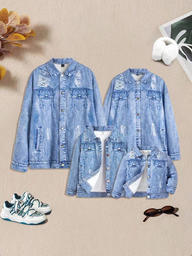 Men Distressed Flap Pocket Teddy Lined Jacket