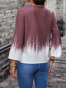 EMERY ROSE 圖案V領蕾絲拼接荷葉袖襯衫 - 咖啡棕 - 查看 2