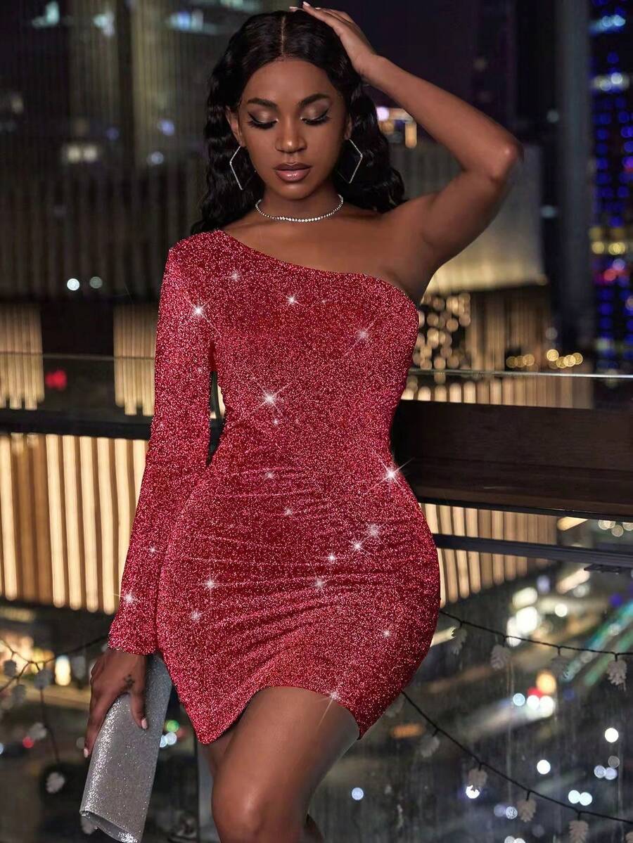 Allurite 單肩褶邊金屬亮絲緊身洋裝 - 紅色 - 查看 1